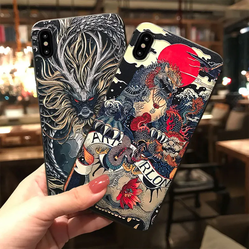 

Luxury Kirin Dragon Chinese Japan style 3D Luck Emboss Patterned for iPhone X XR Xs Max 8 7 6 6s Plus