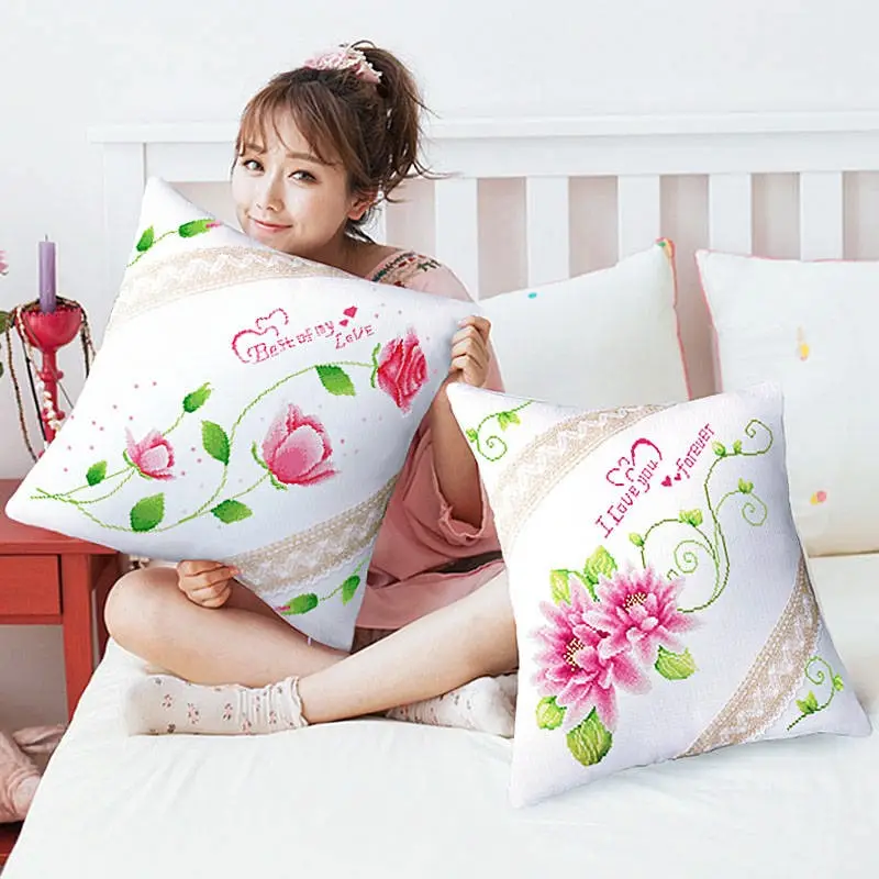 SewCrane Floral Cushion Cover Stamped Cross Stitch Kit Throw Pillow Kit, Love You Forever Best ...