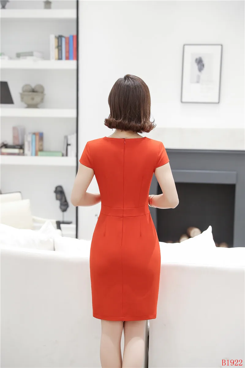 Summer Fashion Women Work Dresses Short Sleeve Ladies Office Dress Slim  Orange-red OL Styles