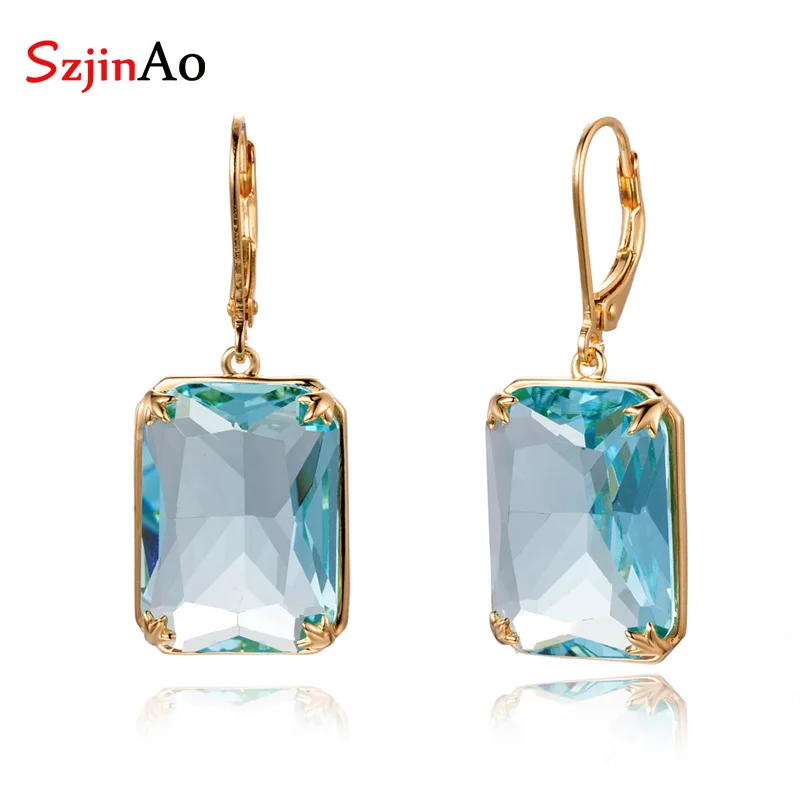 

SzjinAo Wholesale Fashion Square Aquamarine Earrings 925 Silver Cover Gold March Birthstone Earring Jewelry Anniversary Gift
