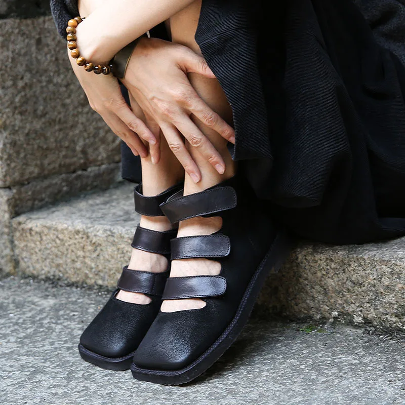 Kopen Vrouwen Echt Lederen Laarzen Hollow Out Herfst Platte Hakken Schoenen Voor Vrouwen Zwarte Retro Lederen Laarzen Vrouwen Handgemaakte Zachte Schoen 2018