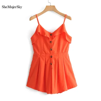 

SheMujerSky Summer Red Spaghetti Strap Rompers Cotton Ruffles Womens Jumpsuit Fashion Buttons Overalls 2019