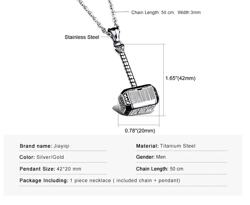Jiayiqi Мода новое мужское ожерелье s молоток кулон из нержавеющей стали мужское ожерелье Серебряный и Золотой Цвет Панк крутые ювелирные изделия