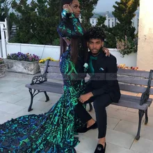 Блестящие пайетки изумрудная зеленая Русалка платья для выпускного вечера Длинные рукава высокая шея открытая спина черные девушки африканские Формальные Вечерние платья