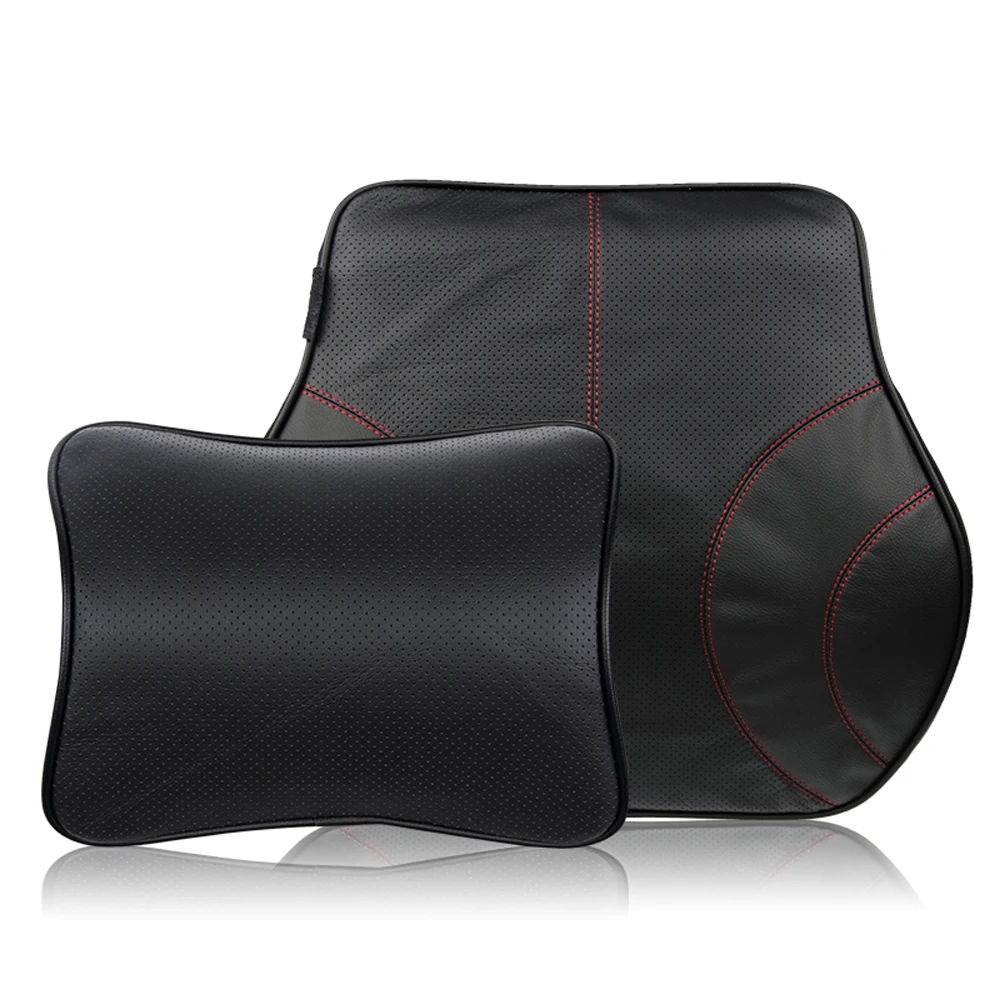 

Car Seat Support Set Car Headrest Neck Pillow+Car Lumbar Cushion Cowhide Genuine Leather+Memory Foam Black Color Car Styling