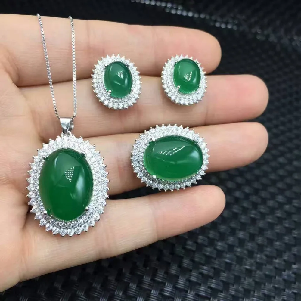 Natural green chalcedony gem jewelry sets natural gemstone Pendant ring