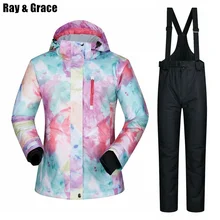 Солнцезащитные благодати зима женский лыжный костюм Водонепроницаемый супер теплая куртка Термальность брюки Сноубординг Снежная Одежда Набор для Женская ветровка