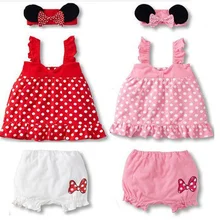 Милый костюм из 3 предметов для маленьких девочек: повязка на голову с мышками+ платье в горошек+ белые шорты/2 цвета: розовый и красный