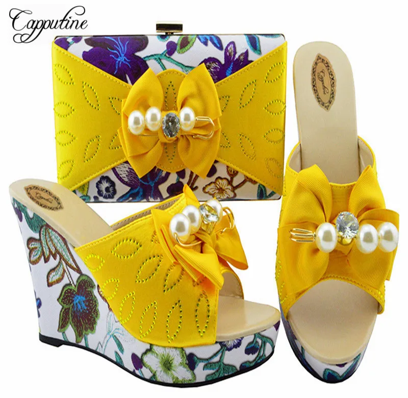 

Women Shoes Yellow Color Parties Italian Shoes And Bag Matching Set Large Size For Party Pumps 10.5Cm Shoes And Bag Set MM1063