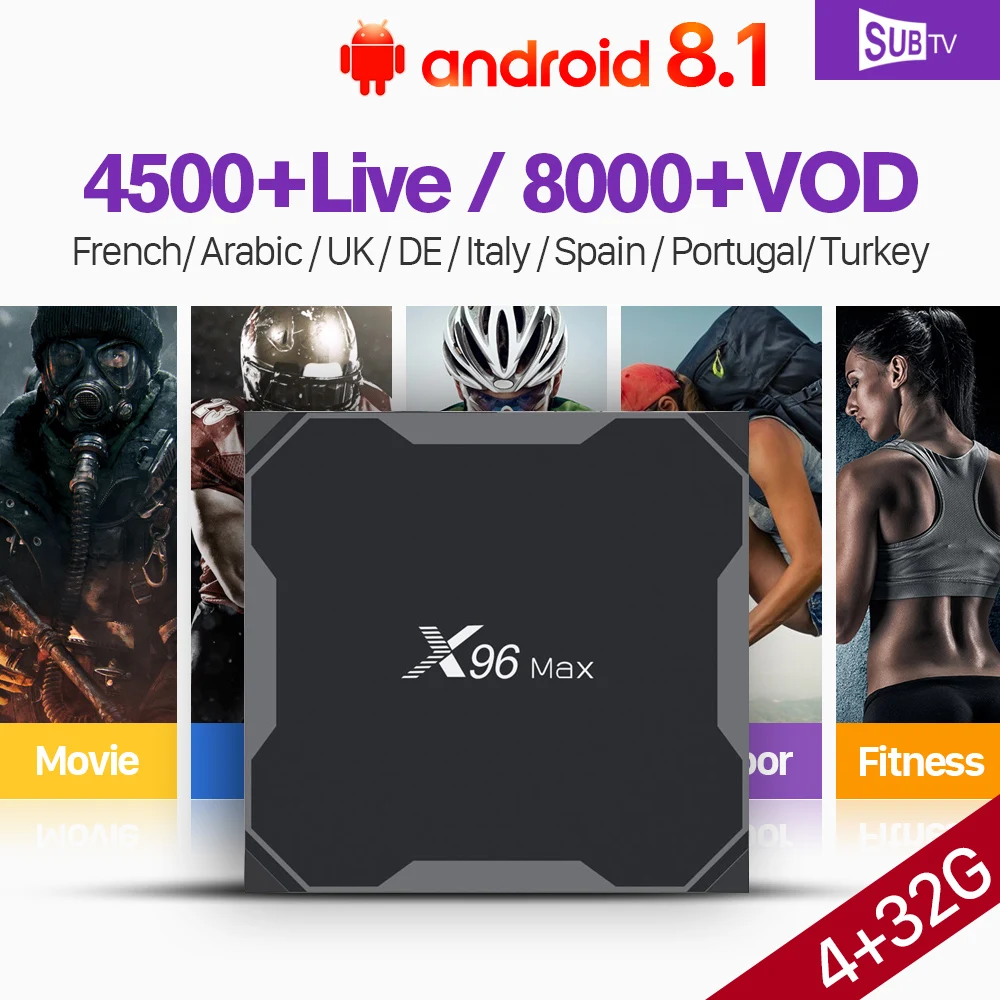 

SUBTV IPTV 1 Year Italy Arabic France IP TV X96 Max 4+32G Dual-Band WiFi Support BT Android 8.1 S905X2 Full HD Live IPTV Turkey