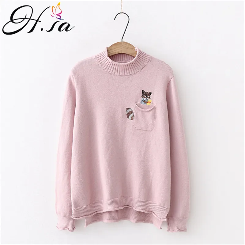 

H.SA Women Sweater and Pullover 2019 Spring squirrel Embroidery Jumpers Irregular Length Long Sleeve Spring Knit tops Loose Unif