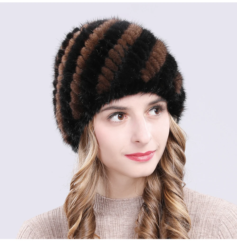 Hot Sale Winter Real Mink Fur Hat Women Good Elastic Knit Real Natural Mink Fur Beanies Hats Lady Real Mink Fur Thick Warm Cap