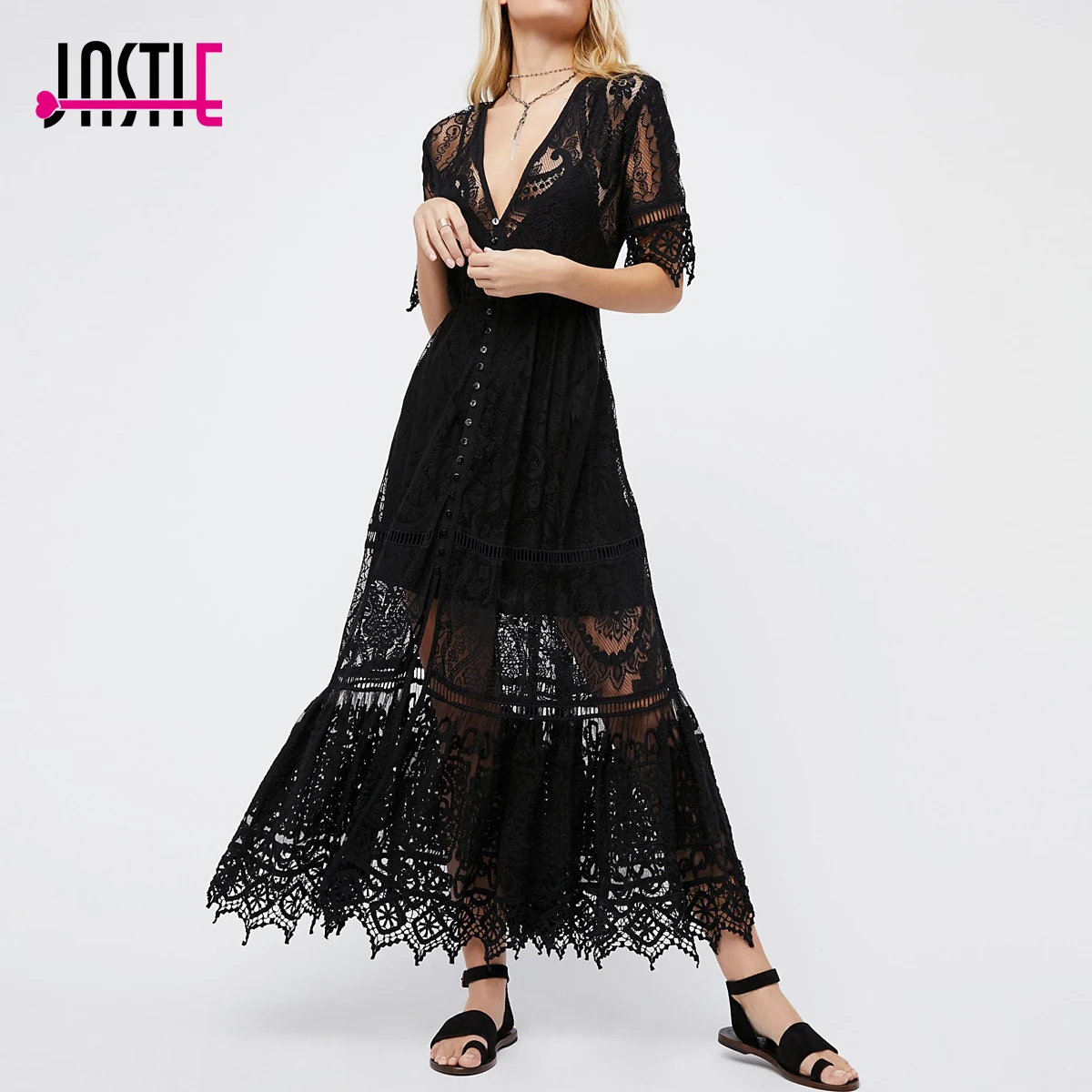 

Jastie Vintage Floral Crochet Lace Dress Boho Flowy Midi Dresses Gown V-Neck Button Down Short Sleeve Women Dress Lining Dresses