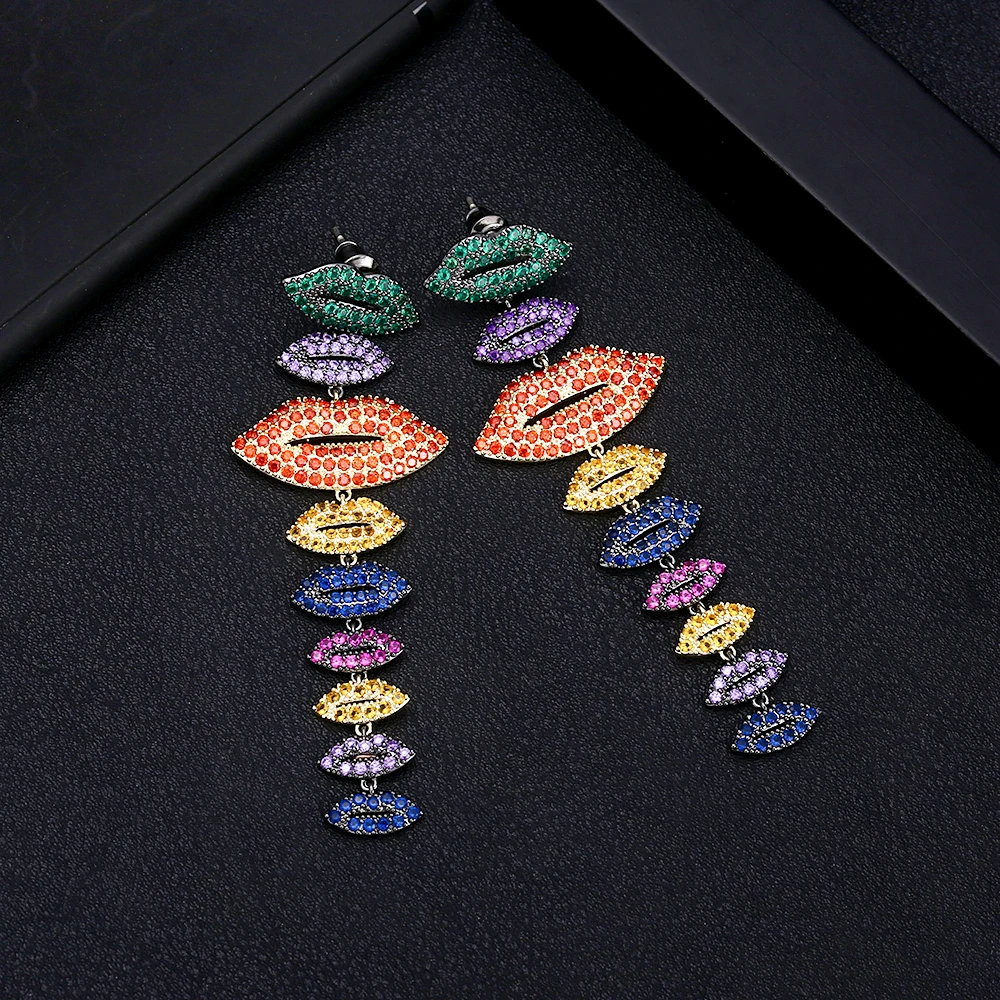 

jankelly Fashion Cubic Zirconia lips shape Big Long Earring For Women Jewelry Wedding Brincos boucle d'oreille