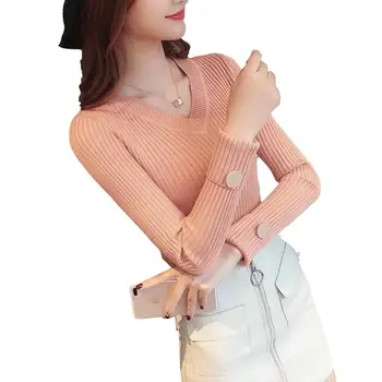 

High Quality Thick Glitter Women Pullover Sweater Ribbed Knitted Tops Slim Fit Female Jumper Autumn Winter V-Neck Ladies Sweater