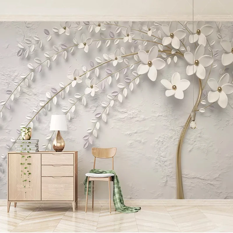 Mural Wall Covering White Embossed Flower Branches Wall Paper For Living Room