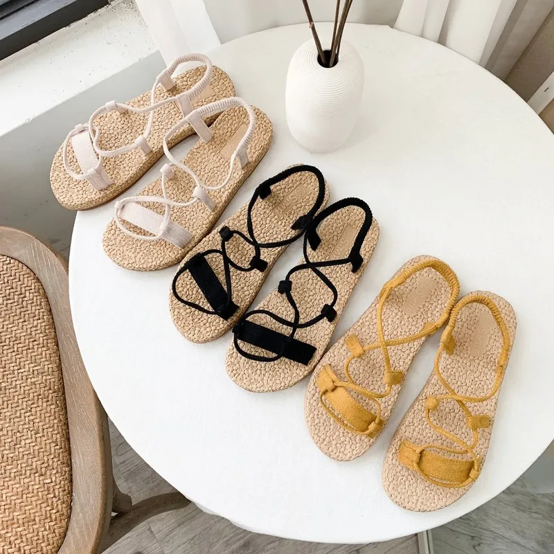 Sandals Straps All-Match Black Shoes For Women Cross Slippers 2019 Women's Crocs-shoes Lace Up Sandals Beige Velvet Low Fashion