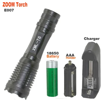 

E007 XML T6 2000 Flashlight Zoomable 18650 Waterproof torche 5 Modes by AAA battery + 3.7v 18650 Rechargeable battery charge