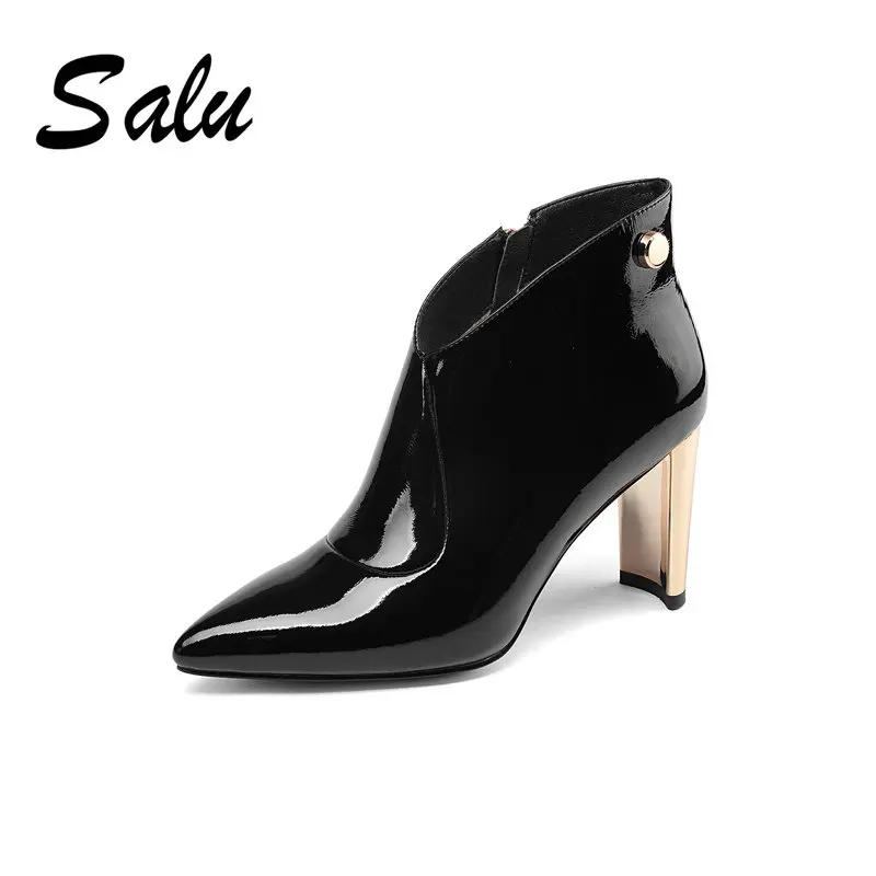 

Salu Genuine Leather Boots Square Heel Round Toe Shoes Women Black Cow Leather Quality Ankle Boot Size 35-43