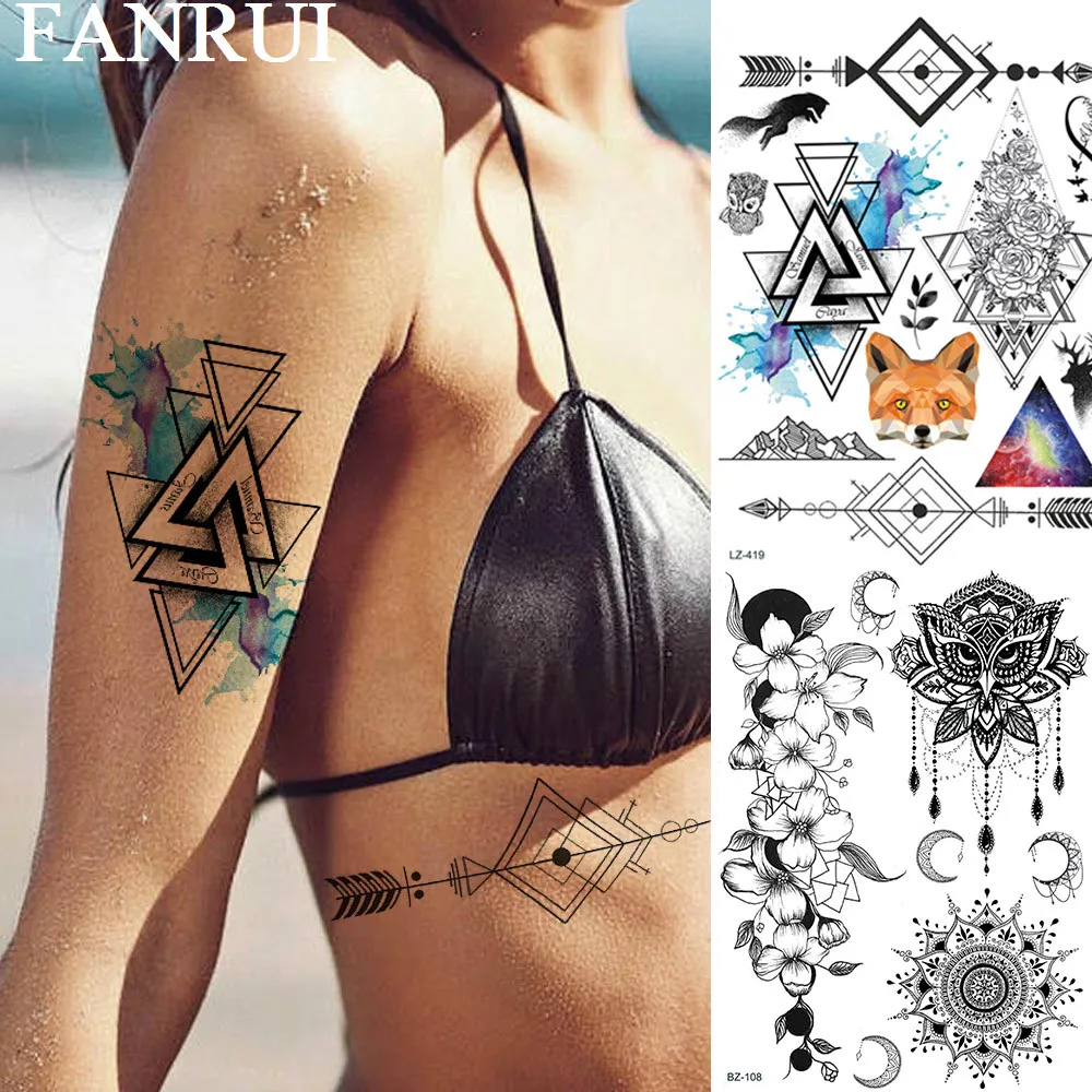 

FANRUI Triangle Fox Rose Flower Temporary Tattoos Sticker Triangle Fake Tattoo Custom Tatoos For Women Waterproof Body Art Arm