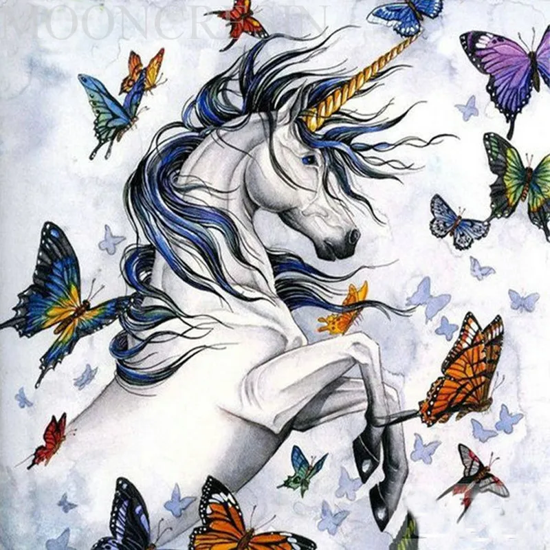 

5D Diy Diamond Painting Cross Stitch White Horse & Flying Butterflies Diamond Embroidery Full Round Mosaic Decoration Resin Kits