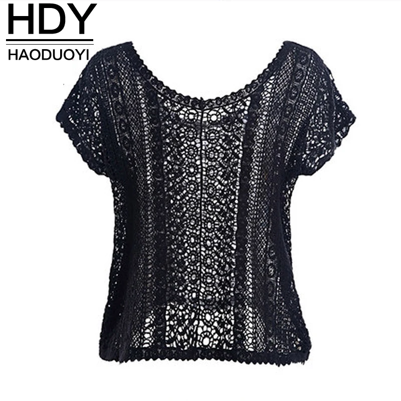 

HDY Haoduoyi Casual Lace Solid Hollow Out Short Petal Sleeve Crew Neck Blouse Pull On Elegant Embroidery Crochet Slim Shirt