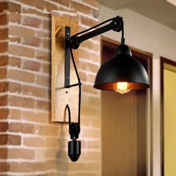 

Loft Style Wood Iron Pulley Lifting Vintage Wall Light Fixtures Industrial Wind Edison Wall Sconce Stair Bedside Wall Lamp