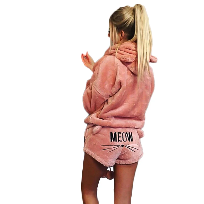 

New Women Two Piece Outfits Women's Cat Embroidery Pajamas Hooded Casual Suit Two-piece Sleepwear Pajamas for Women Plus Size