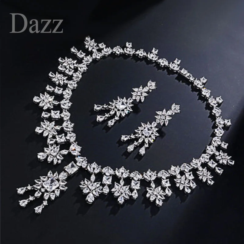 

Luxury Plant Flower Tassel Dangle Necklace Earrings Saudi Arabia Set AAA Zircon Crystal Women Wedding Indian Bridal Jewelry Sets