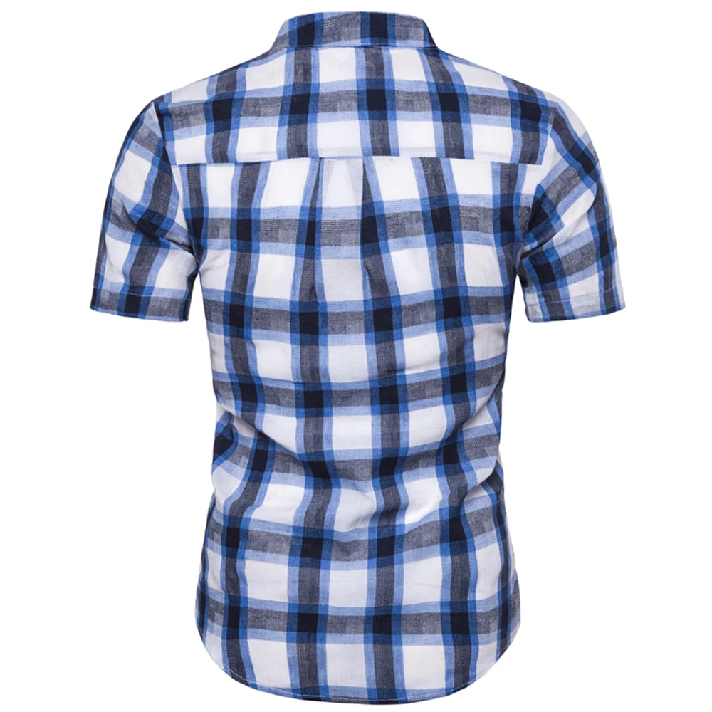 Мужские модные рубашки лето г. короткий рукав тонкий хлопок лен рубашки для мальчиков мужской плед голубой цвет повседневные рубашки плюс размеры