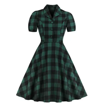 

Summer Women Plaid Print Vintage Cotton Dress Casual Short Sleeve Midi A Line Office Dress Robe Femme Elegant Party Dresses