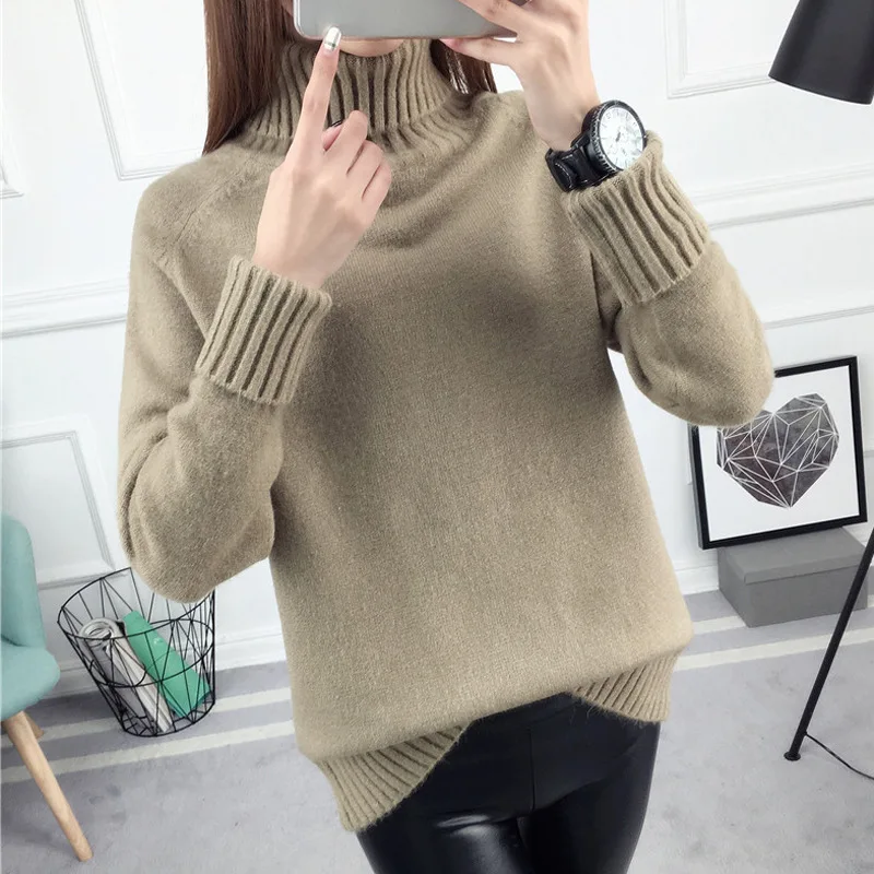 Knitted Sweater Female Autumn Winter Solid Color Loose Harajuku Long-sleeved High Collar Bottoming Pullover Sweater Women Tops Sweaters