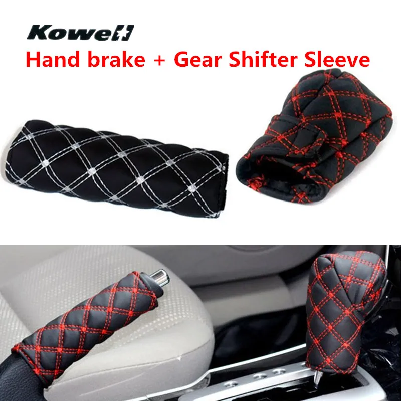 

KOWELL Universal Leather Car Gear Shift Knob + Hand Brake Sleeves Cover Protector Case Capa Skin for Volkswagen Golf for KIA RIO