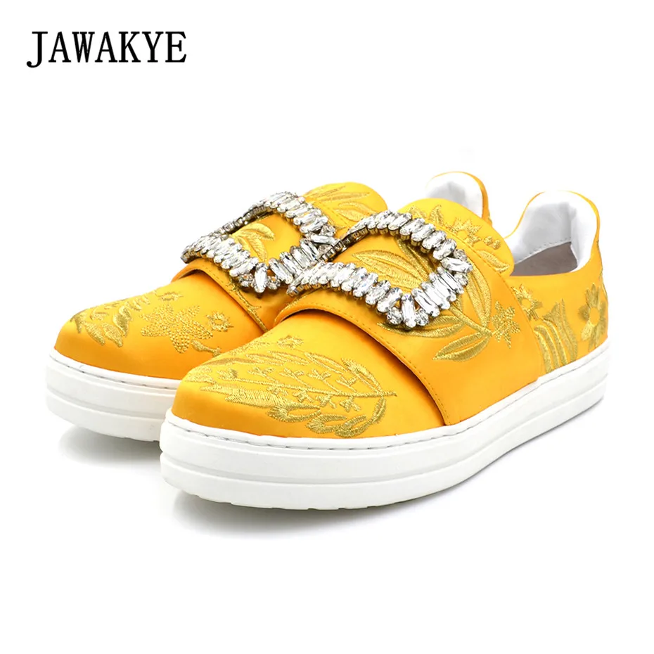 

JAWAKYE Brand Women Casual loafers Flat shoes Rhinestone buckle comfortable Slip On Silk Leather fashion Sneakers for women