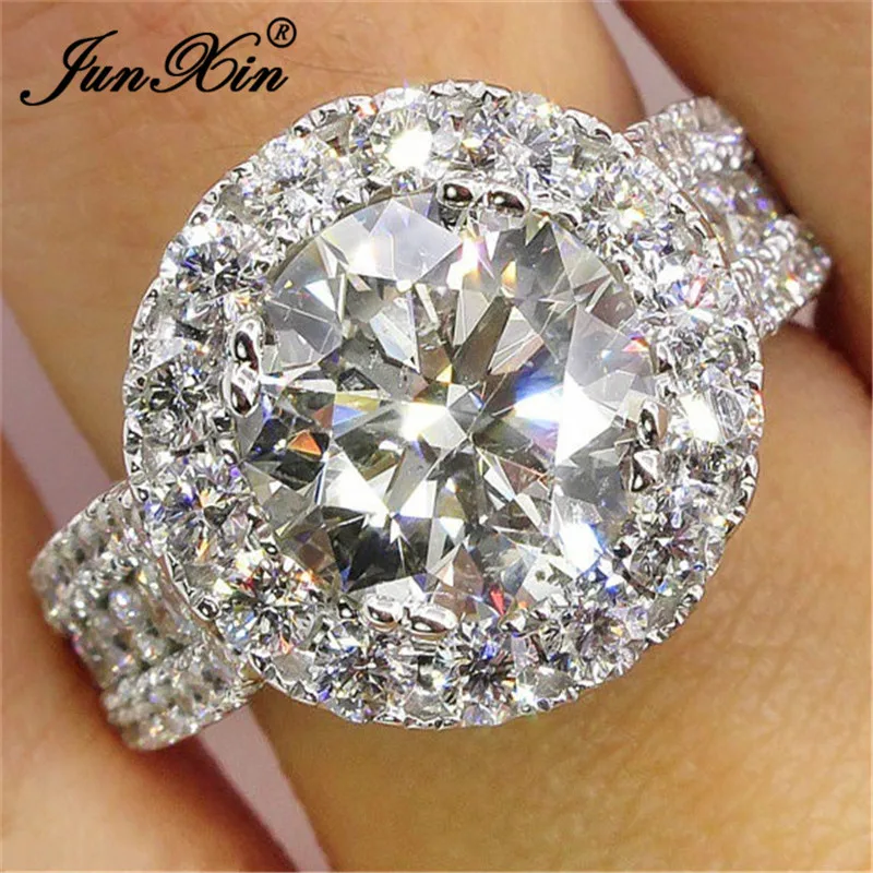 

JUNXIN Super Shine White Zircon Round Big Stone Rings For Women 925 Sterling Silver Filled Full Crystal April Birthstone Ring