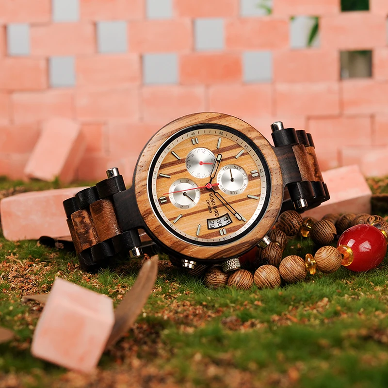 BOBO BIRD WP17 Men Wood Multi-function Ebony Watches Wood Band Fashion Quartz Male Clock Back Cap Custom Watch