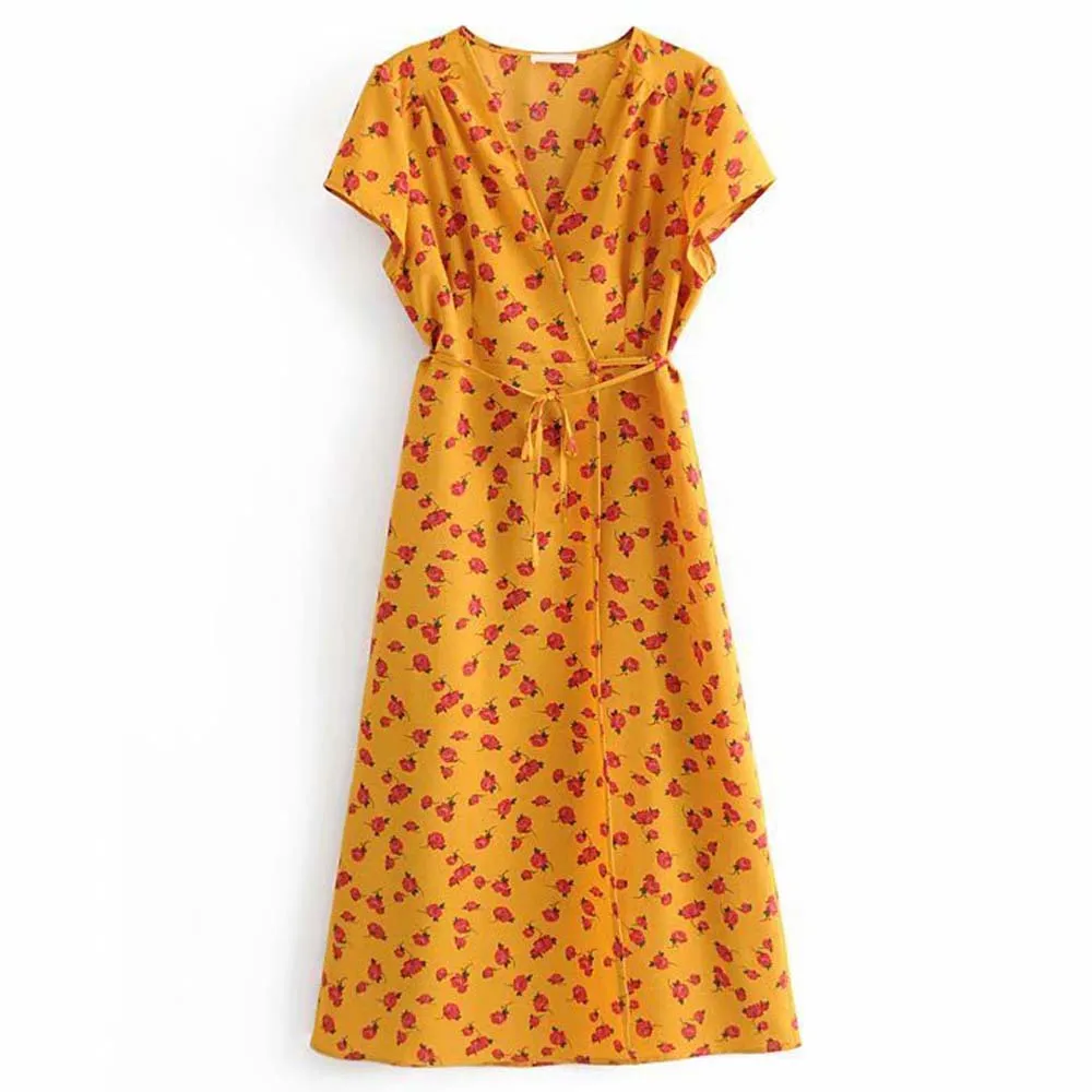 

ANSFX 2019 Vintage Bohemian Ethnic Floral Print Orange Dress Women Deep V-Neck Sashes Tied Bow Short Sleeve Long A-Line Dress