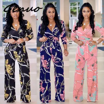 

Genuo Multi New Printed Boho Jumpsuit Beach Flower Print Sexy V-Neck Wide Leg Rompers Elegant Women Jumpsuitd Long Overalls 2019