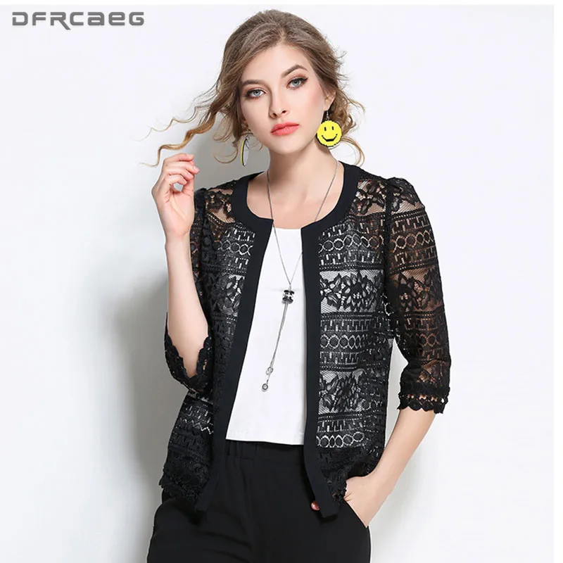 

4XL 5XL 2018 Summer Crochet Lace Cardigan Blouse Sexy Fashion Hallow Out Coats 3/4 Sleeve Casaco Feminino Plus Size Ladies Tops