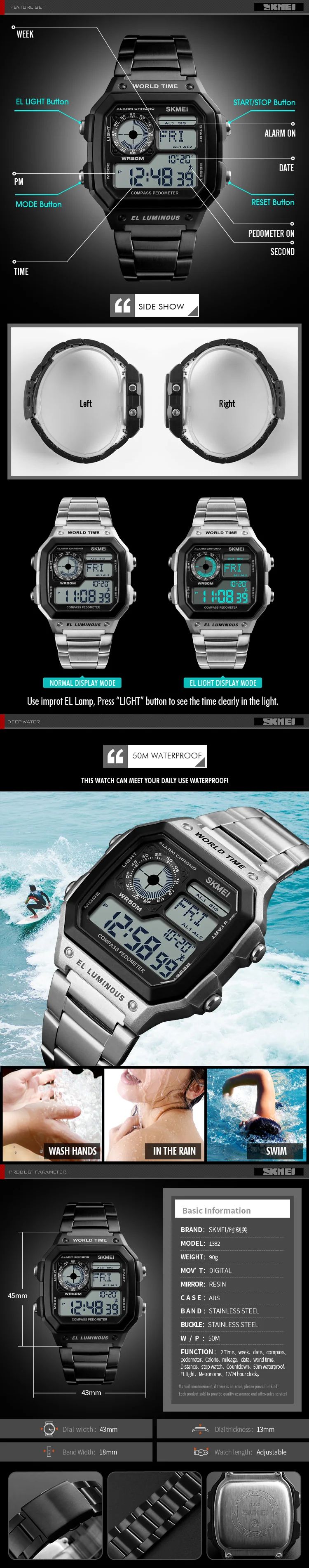 Обратный отсчет компас спортивные часы SKMEI Для мужчин s часы от топ бренда, Роскошные наручные часы Для мужчин Водонепроницаемый светодиодный электронные цифровые часы мужские часы