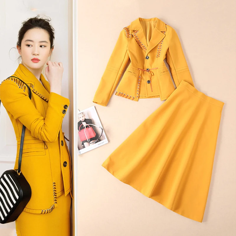 

2018 Autumn Designing Celebrity Blazer Skirt Suits Solid Color Runway Slim Twin Set Single Breasted Office Lady Outfits Suit