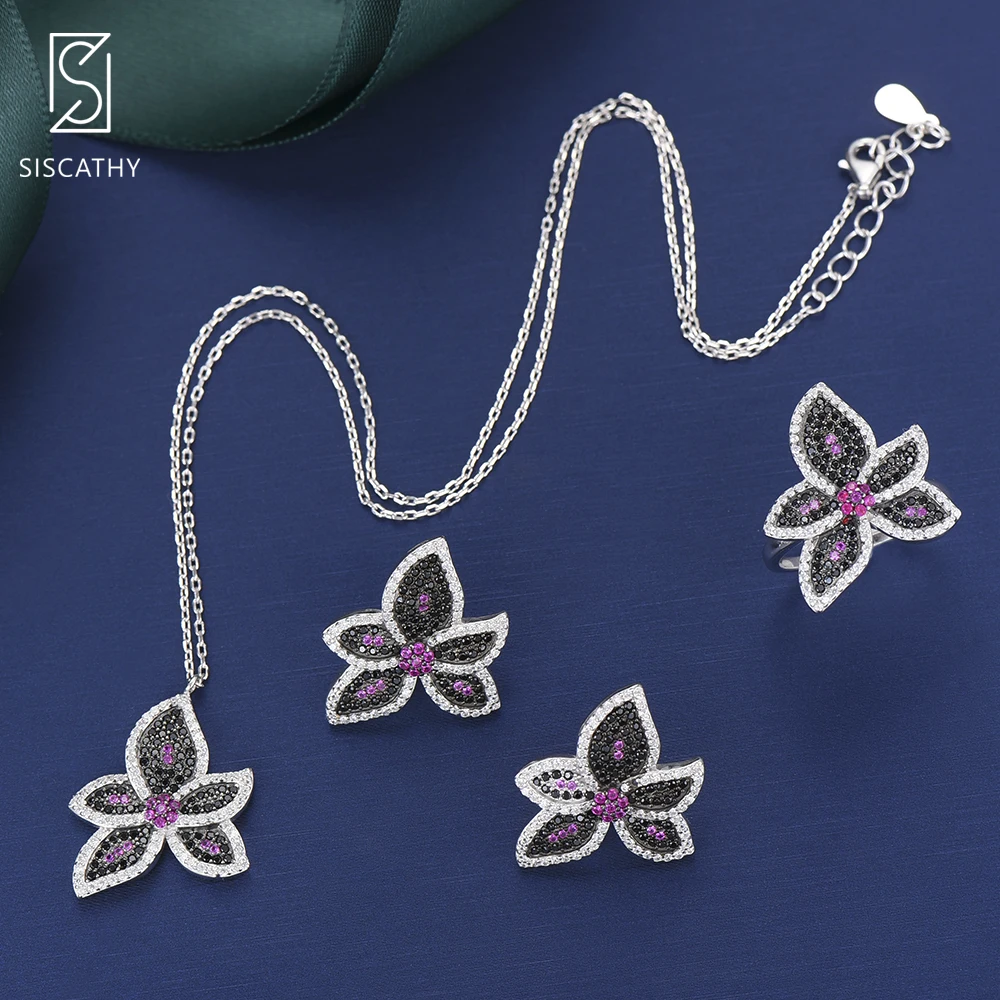 

SISCATHY Fashion Korean Style Sterling Silver Statement Necklace Earrings Rings Jewelry Sets For Women Girls Party Engagement