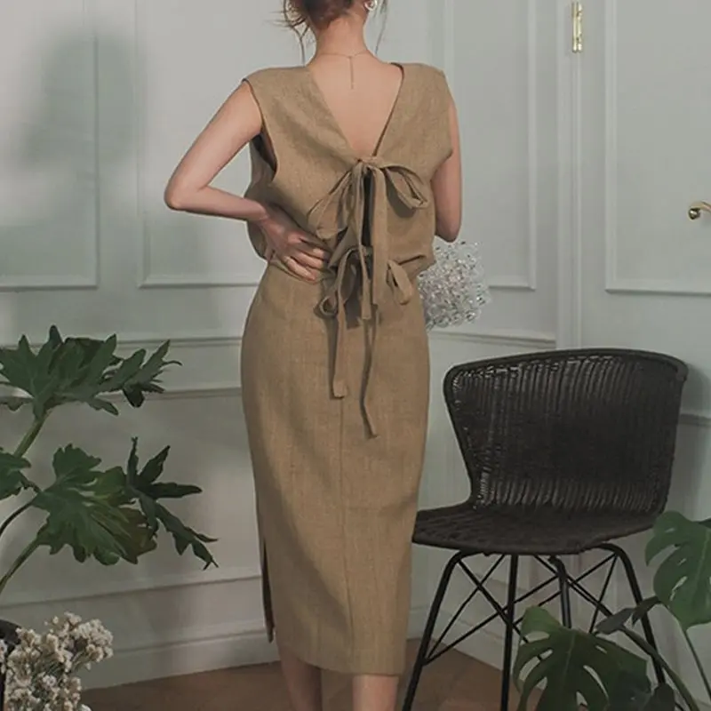 

Summer Office Ladies Sexy Elegant Korean Party Women Midi Dresses Bodycon Backless Plain High Waist Female Vintage Chic Dress