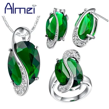 

Almei 35%Off Fashion Blue Crystal Jewerly Sets for Women Silver Color Wedding Accessories Necklace Set Earrings Green Rings T155