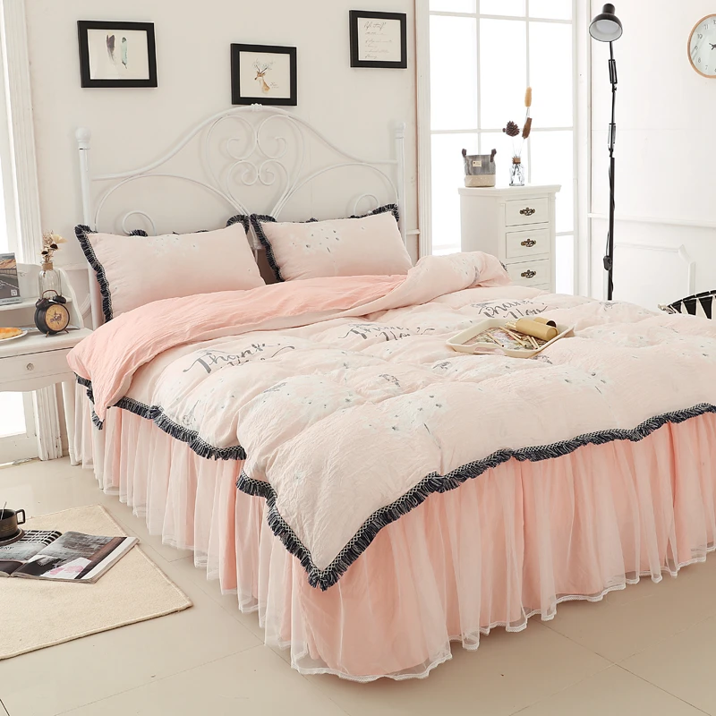 Washed Linen Cotton Korean Princess 3 4pcs Bedding Sets Birds
