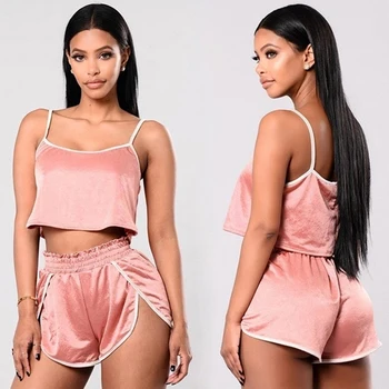 

Fashion Female Two Pieces Set Sexy Crop Top With High Waisted Cut Tie Elastic Waist Shorts Causal Loose High Quality