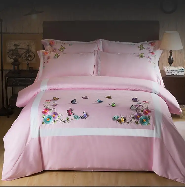 

4-Pieces Egyptian Cotton Luxury Bedding Set Butterfly Embroidery Bed Set girls King Queen Bed Linens Duvet Cover Bed Sheet