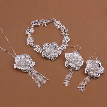 

Wholesale Sterling 925 Silver Jewelry Set,925 Silver Fashion Jewelry,Flower Necklace+Bracelet+Earring Set SMTS437