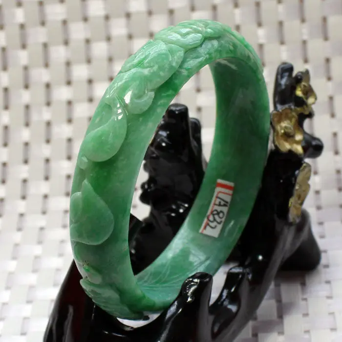

A832 Chinese Hand-carved Emerald Green Jadeite Jade Gems Bracelet Bangle 59mm