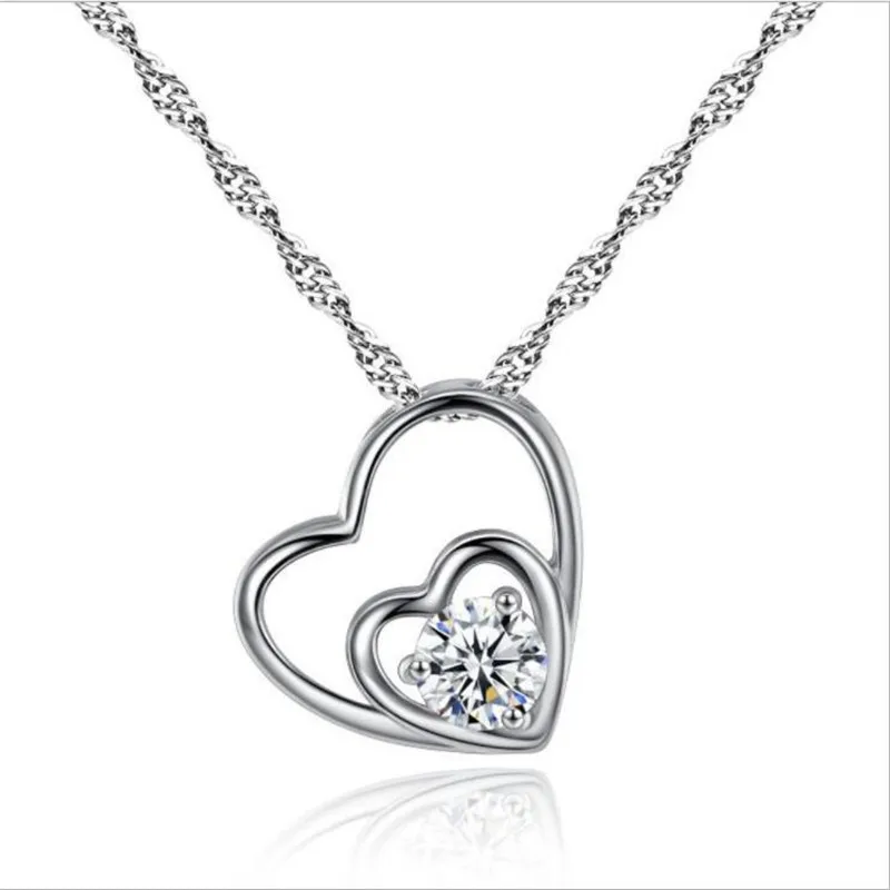 

TJP Trendy Female Double Heart Pendants Necklace Girl Birthday Gift Top Quality 925 Silver Choker Necklace Crystal Women Bijou